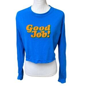 Long Sleeve Good Job Crop Sweater Top Blue Raw Hem Medium 100% Cotton